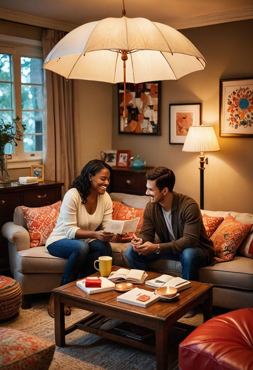 A cozy gathering of diverse couples sharing stories in a warm, inviting living room, surrounded by symbols of protection like umbrellas and lifebuoys, emphasizing emotional support. Soft lighting creates an intimate atmosphere, with a coffee table filled with insurance pamphlets and love notes. Illustrate a balance between romance and daily life, showcasing a blend of laughter and moments of reflection. super-realistic. warm colors. inviting ambiance.