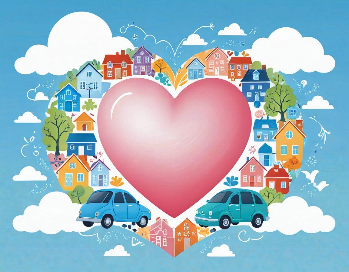 A conceptual illustration depicting a large heart at the center, surrounded by diverse icons representing life, auto, and health insurance—like a house, car, and medical symbol. The heart is made of intertwining hands symbolizing affection and care. Soft pastel colors create a warm and inviting atmosphere, while delicate clouds float in the background representing peace of mind. Ideal for a blog about insurance with a human touch. super-realistic. vibrant colors. soft focus.