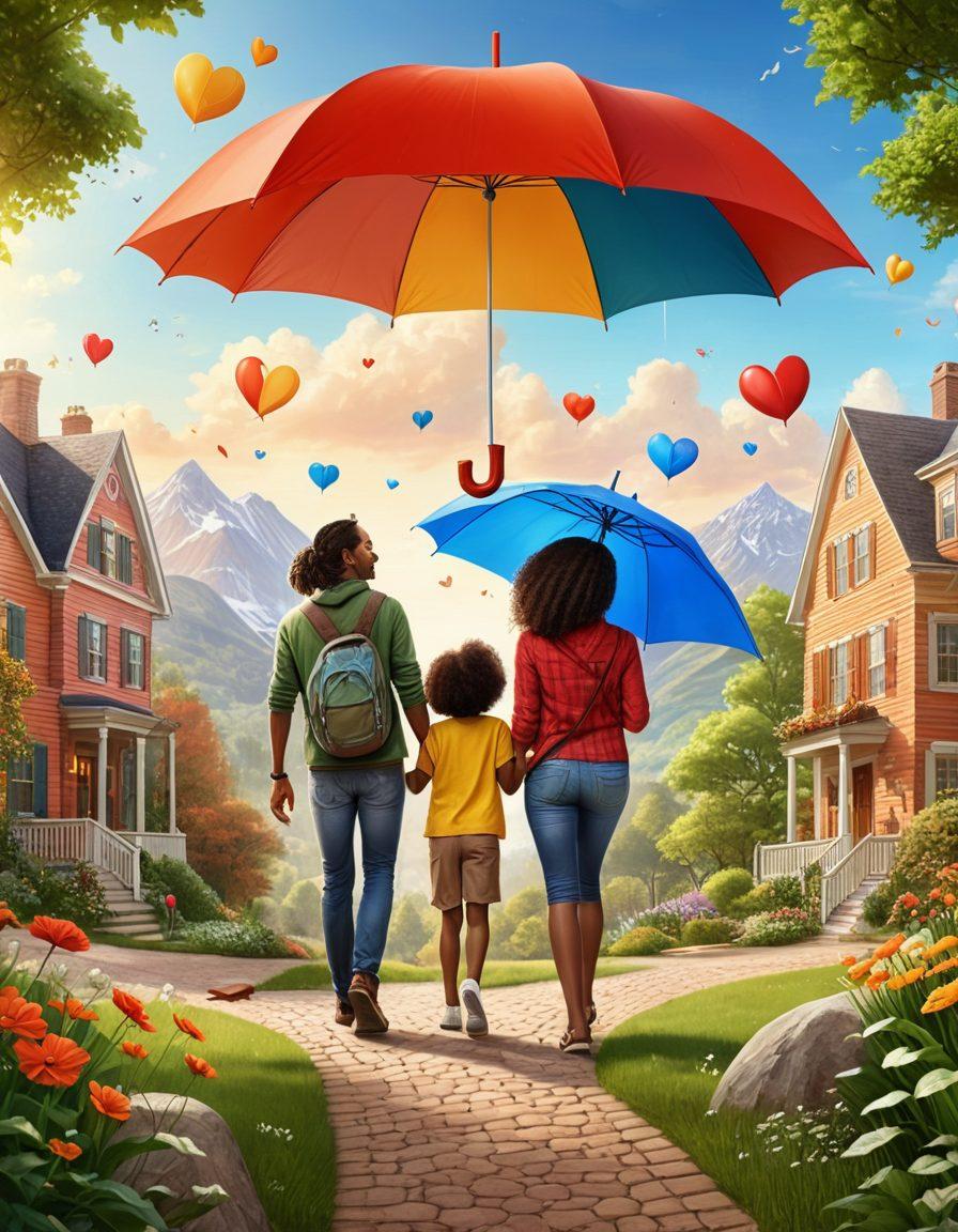 A warm, inviting illustration of a diverse family enjoying various activities together, symbolizing love and protection, surrounded by insurance-related icons like a shield, heart, and umbrella. The background features scenic landscapes representing different life journeys, such as cityscapes and nature trails. Bright, cheerful colors evoke a sense of security and positivity. super-realistic. vibrant colors.